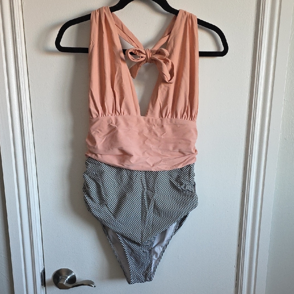 Cupshe Coral and Black/White  Striped Swimsuit